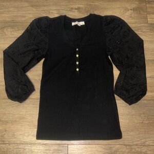Loft Black V-Neck Knit Top with Eyelet Puff Sleeves